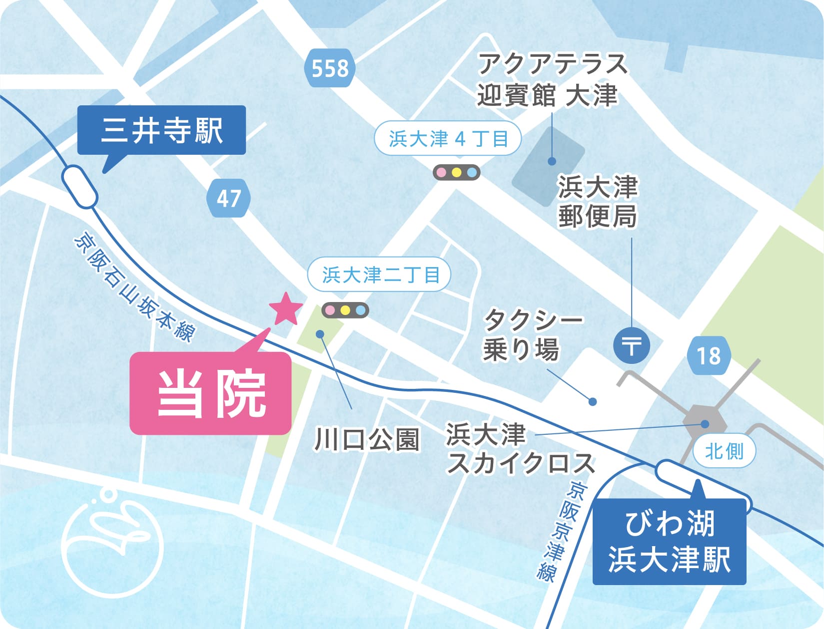 びわ湖浜大津駅と三井寺駅周辺にあるクリニック地図。浜大津二丁目交差点付近、川口公園の隣に位置しています。